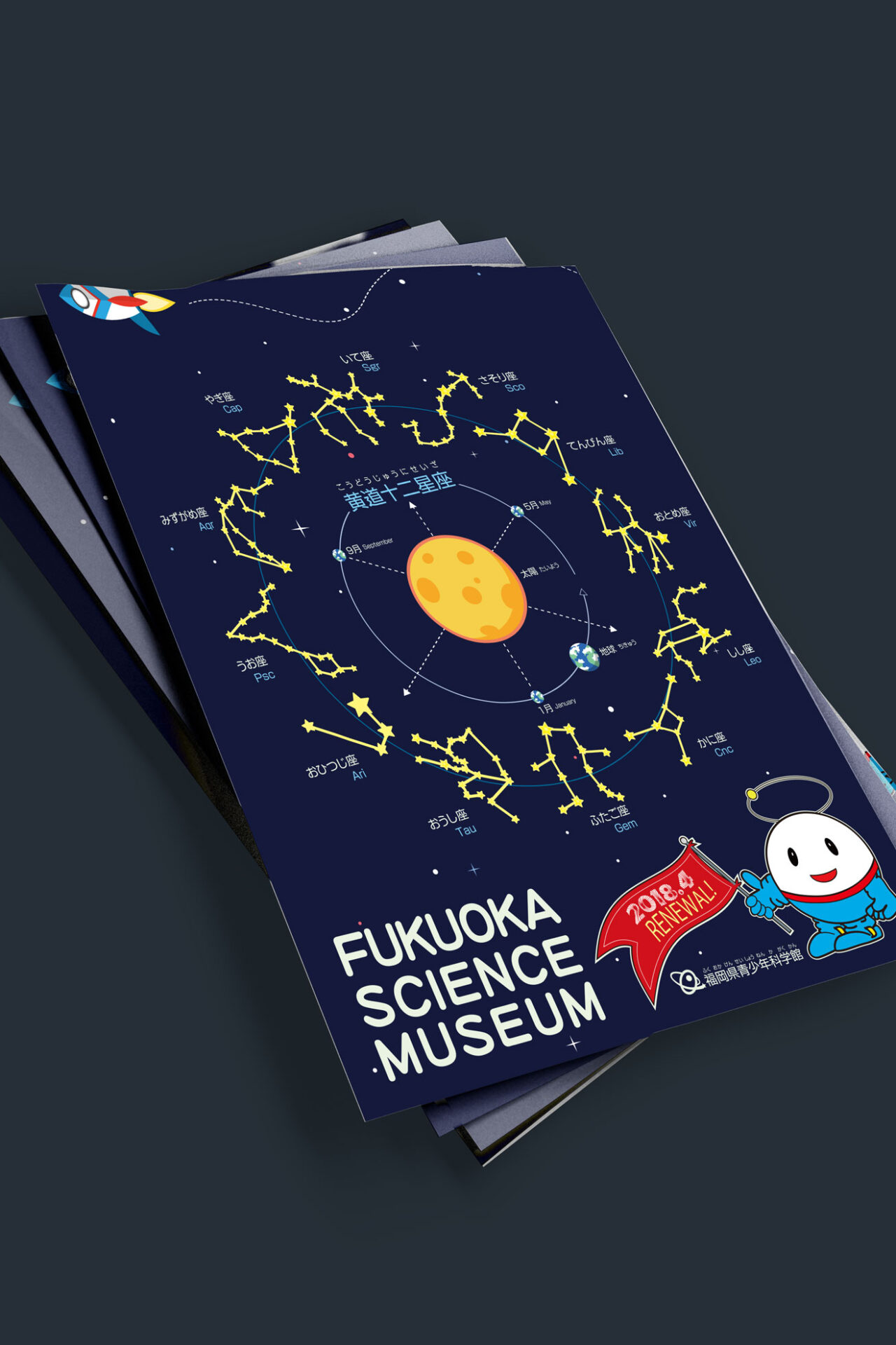 福岡県青少年科学館のノベルティクリアファイルフォルダー表面がディスプレイされたグラフィックデザイン　12星座がかわいいイラストで印刷されています