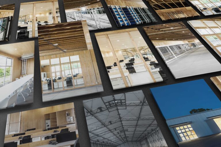 株式会社三井の様々な事務所・倉庫写真がたくさんのパネルに描かれたイメージグラフィック