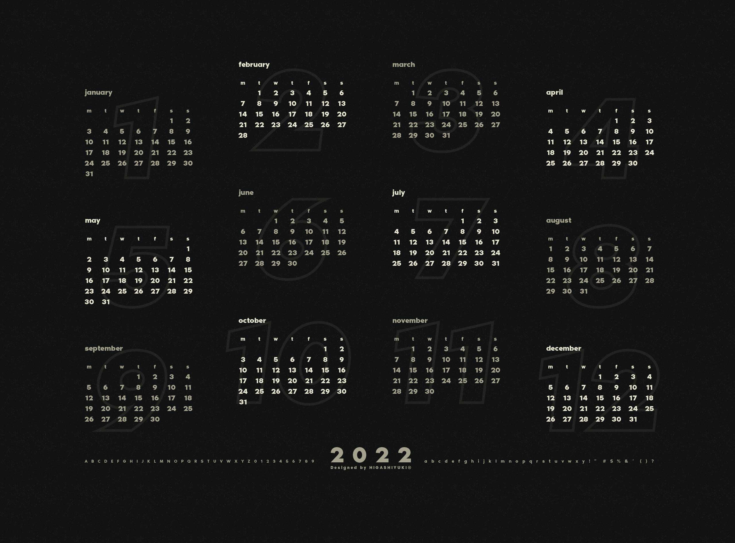 2022年アートパネルカレンダーの月日レイアウトの拡大写真。