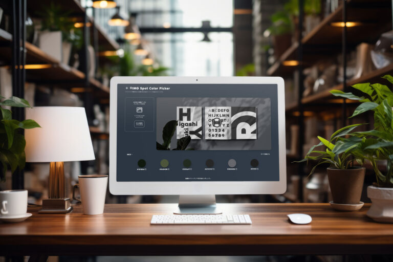 植物を配したデスクのモニターに「+®IMG Spot Color Picker」の画面を表示