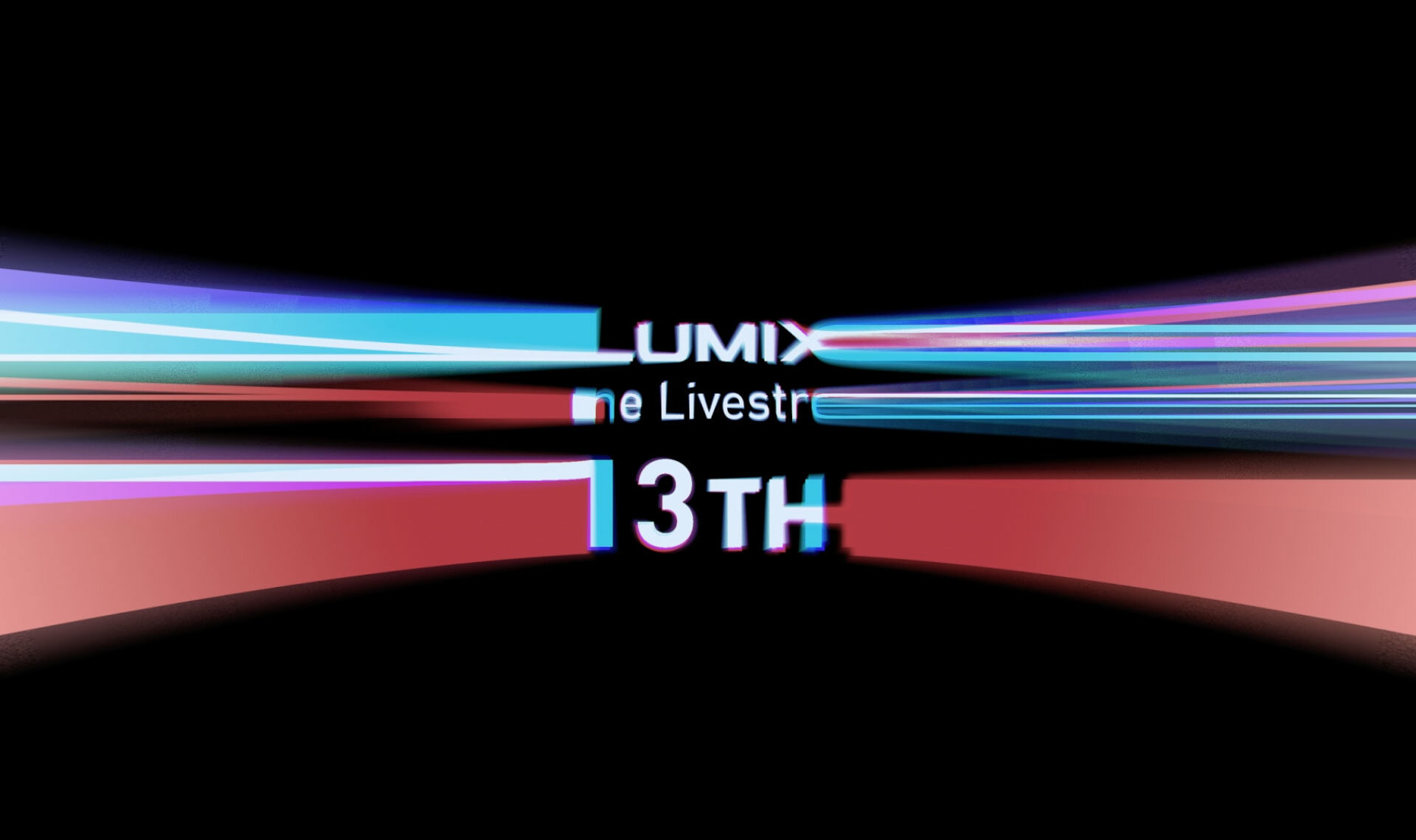 水平に伸びる光の帯に「LUMIX Online Livestream 13TH」の文字を重ねた一場面